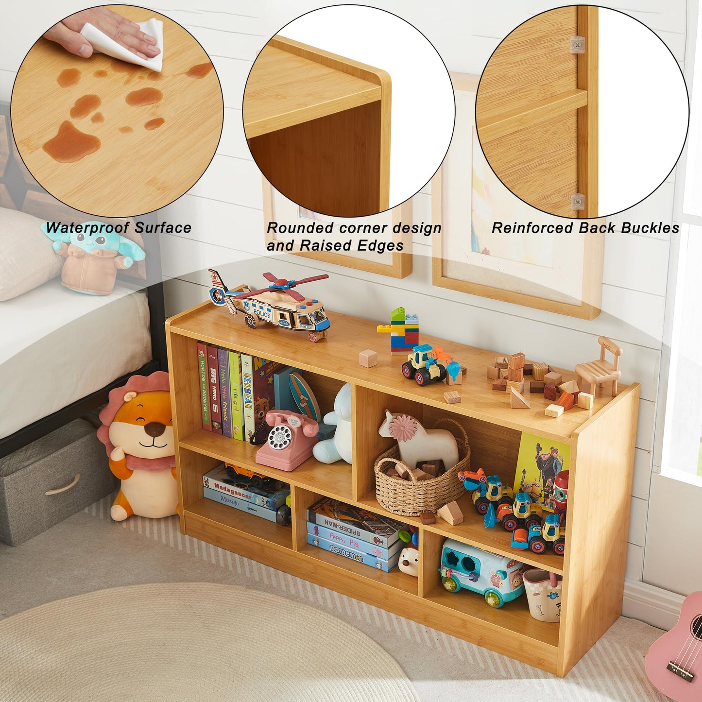 TOYMATE Toy Organizers and Storage, 5-Section Kids Bookshelf for Organizing Books Toys, School Classroom Wooden Storage Cabinet for Children's Room, Playroom, Nursery (Natural)