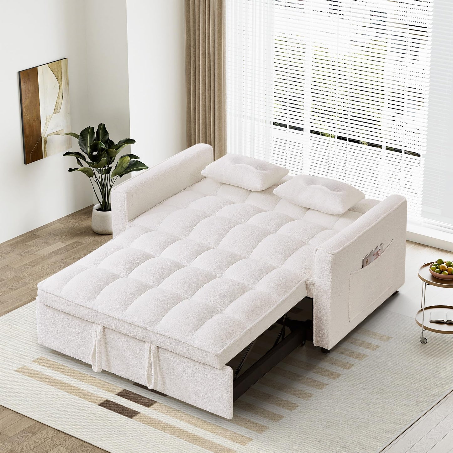 Wrofly 3 in 1 Convertible Sleeper Sofa Couch with Pullout Bed, Loveseat Sofa with Storage and Pillows, Modern 2 Seater Futon Couch Bed for Living Room, Bedroom and Small Space, White Teddy