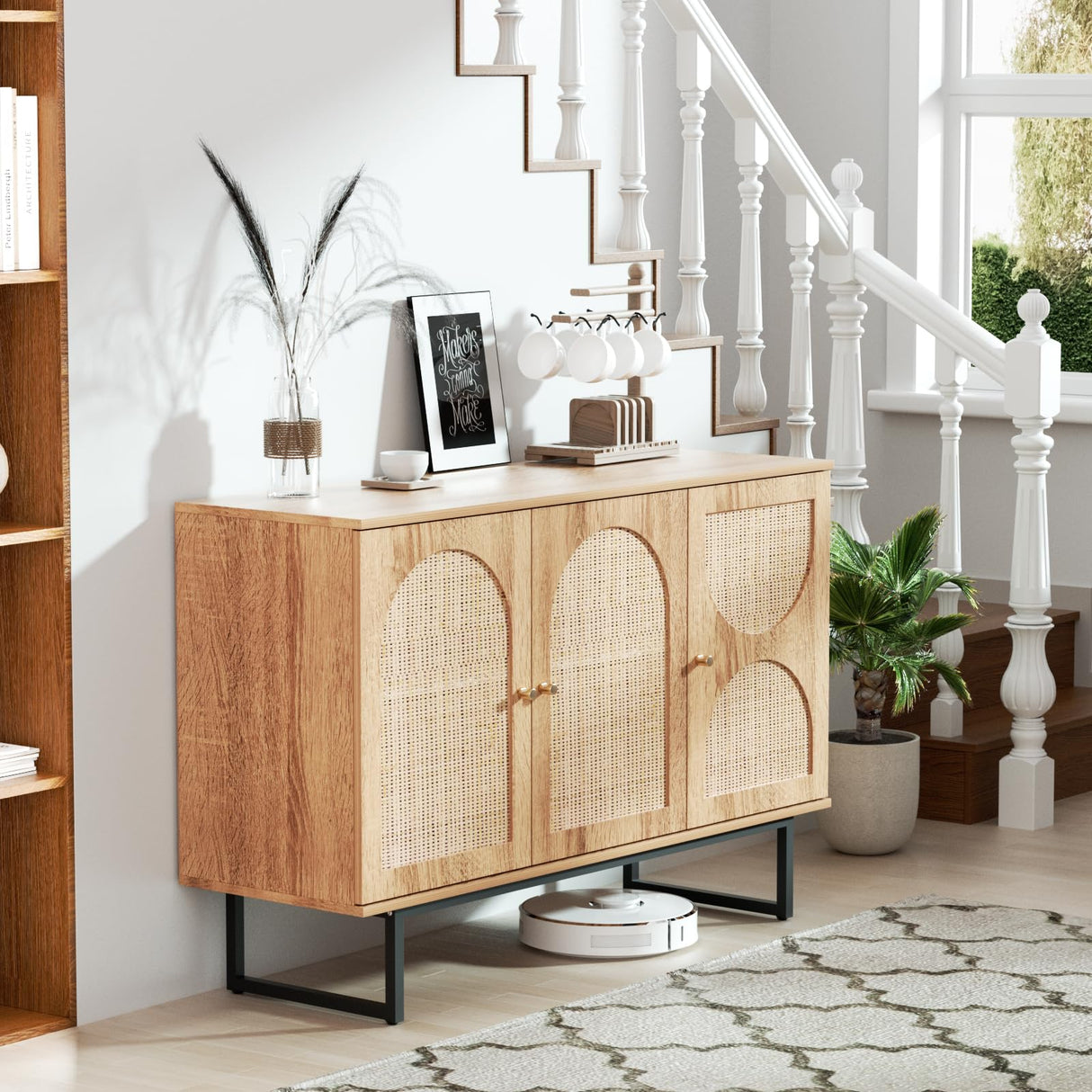 Rattan Sideboard Buffet Cabinet with Storage, Boho Farmhouse Wood Storage Cabinet with 3 Arched doors, Rattan Entryway Table Console Credenza TV Stand for Living Room, Dining Room, Kitchen, Hallway FiveWillowise