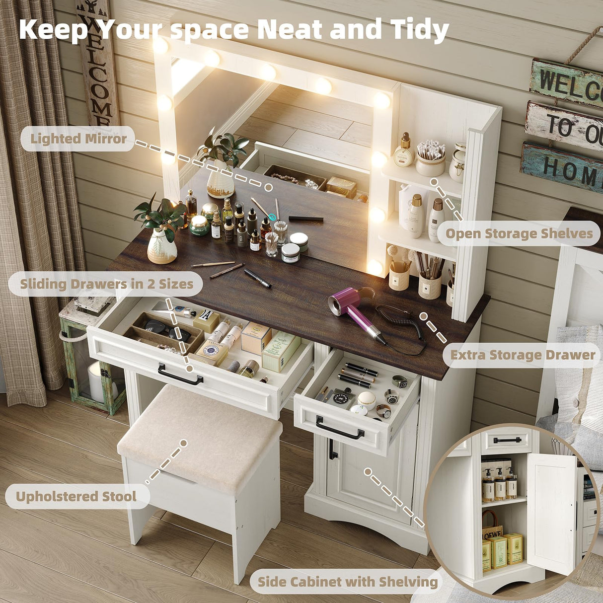 Diwnnue Farmhouse Vanity Makeup Desk, 43" W Vanity Desk with Lights Mirror and Drawers for Makeup, Big Modern Vanity Table Set with Vanity Stool for Bedroom, Antique White Diwnnue
