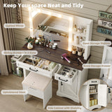 Diwnnue Farmhouse Vanity Makeup Desk, 43" W Vanity Desk with Lights Mirror and Drawers for Makeup, Big Modern Vanity Table Set with Vanity Stool for Bedroom, Antique White Diwnnue