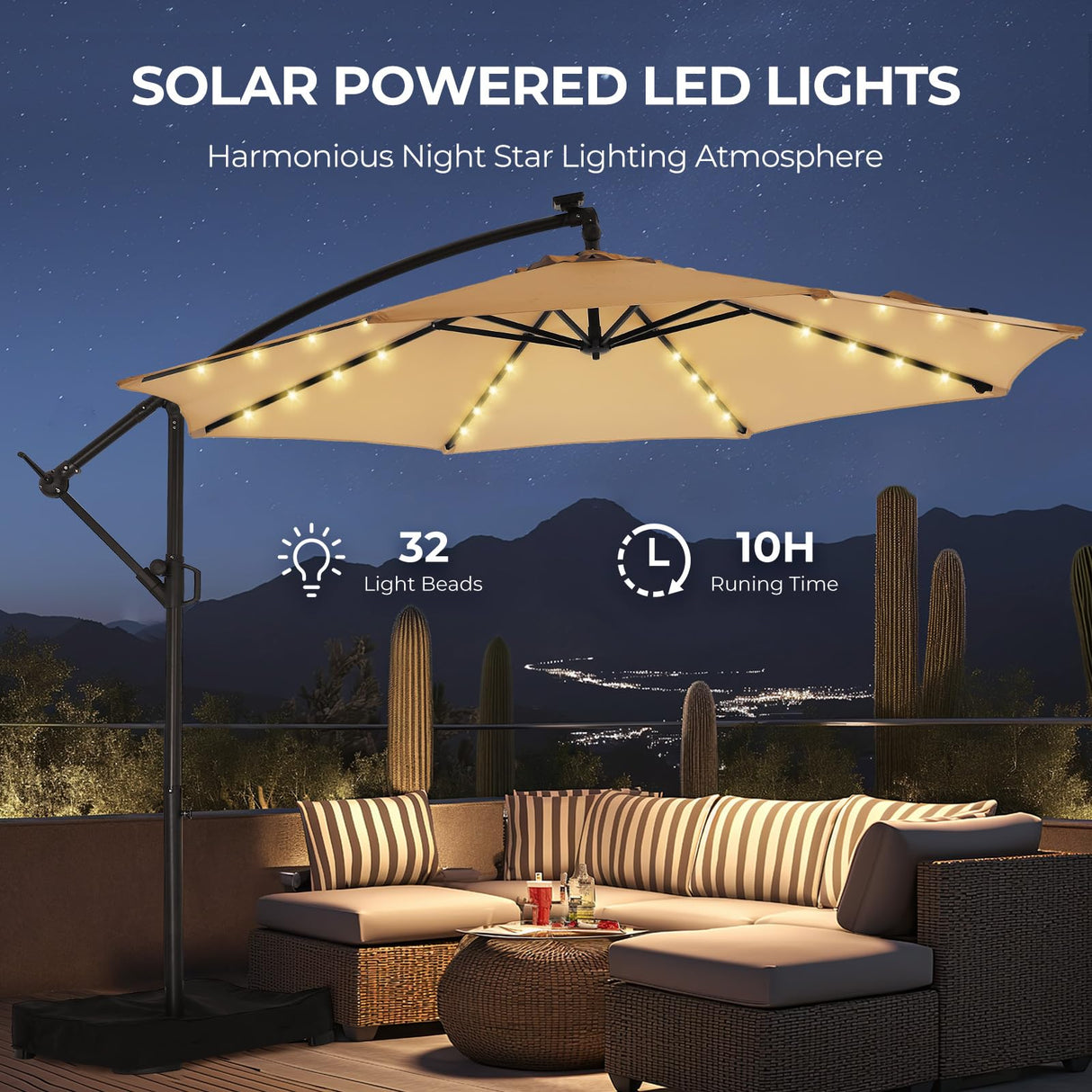 HOMSHADE 10ft Solar Lights Offset Cantilever Patio Umbrella - with Light and Base, LED Lighted Offset Hanging Patio Outdoor Market Umbrella UPF50+ UV Protection with Easy Tilt and Crank (Beige) HOMSHADE
