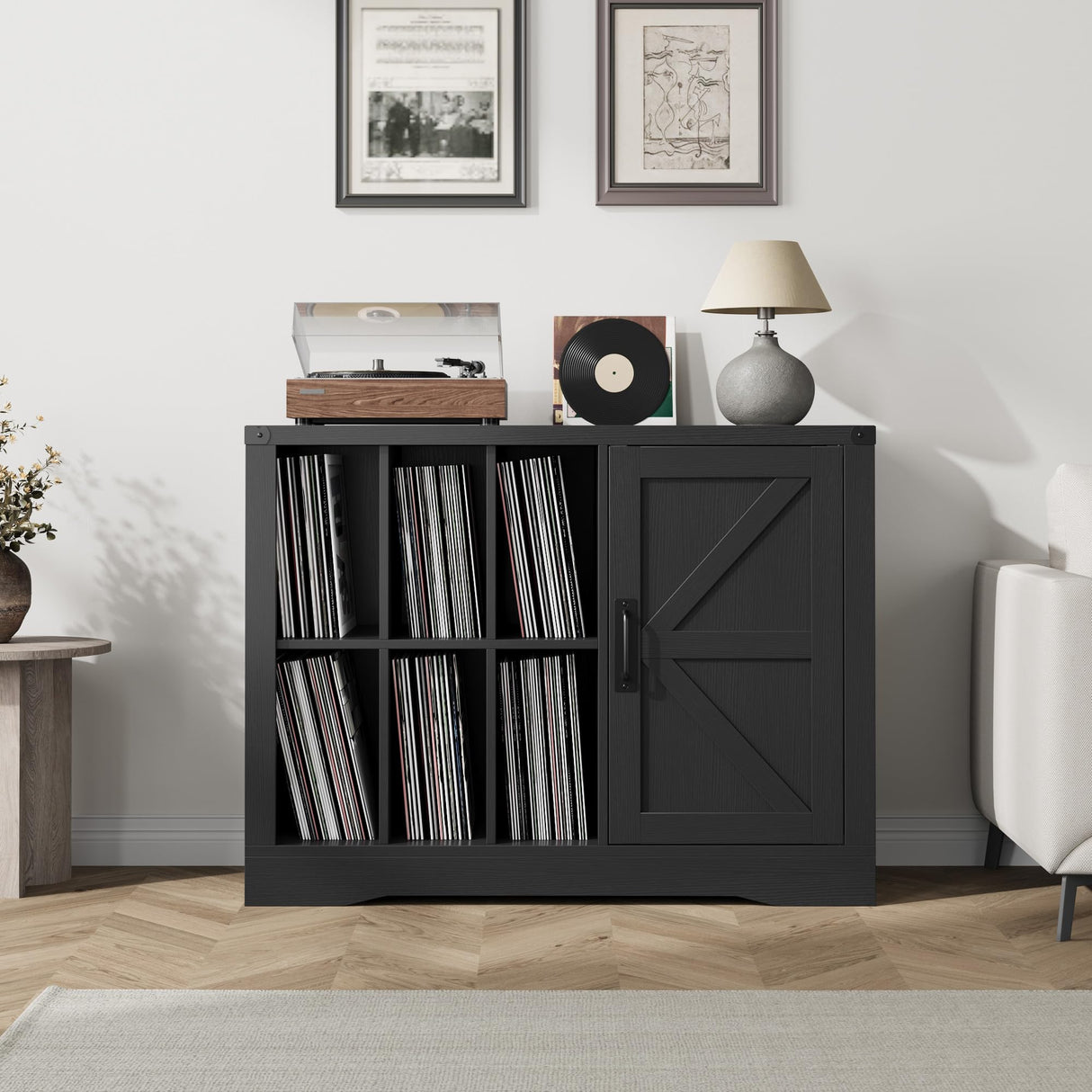 Record Player Stand with Vinyl Storage, Farmhouse Turntable Cabinet with Door, Vinyl Display Holder Shelves up to 750 Albums, Wooden Storage for Living Room, Black SLEKVERSA