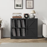 Record Player Stand with Vinyl Storage, Farmhouse Turntable Cabinet with Door, Vinyl Display Holder Shelves up to 750 Albums, Wooden Storage for Living Room, Black SLEKVERSA