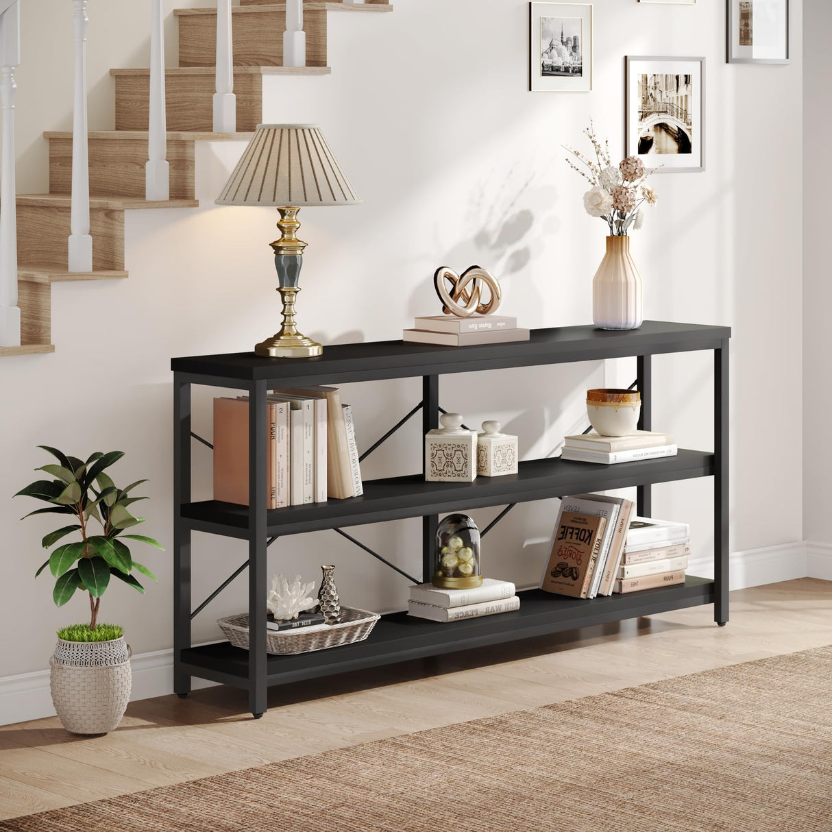 Tribesigns 55-Inch Industrial Sofa Table, 3-Tier Console Table with Metal Frame and Open Shelves, Modern Decorative Shelf, Open TV Shelf for Living Room, Entryway, Hallyway (Black) Tribesigns