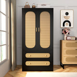 MJADUE Wood Wardrobe Closet with 2 Doors and Drawers, Wooden Closet Storage Cabinet with Gold Handles for Clothes, Rattan Freestanding Wardrobe Cabinet for Bedroom/Apartment,Black MJADUE