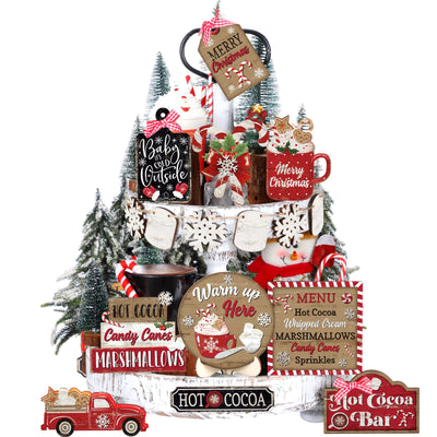 Vercraft Christmas Tiered Tray Decor Winter Tiered Tray Decorations Set Snowman Snowflake Gnome Truck Wooden Signs Farmhouse Christmas Table Decorations for Home Table Shelf (Hot Cocoa)