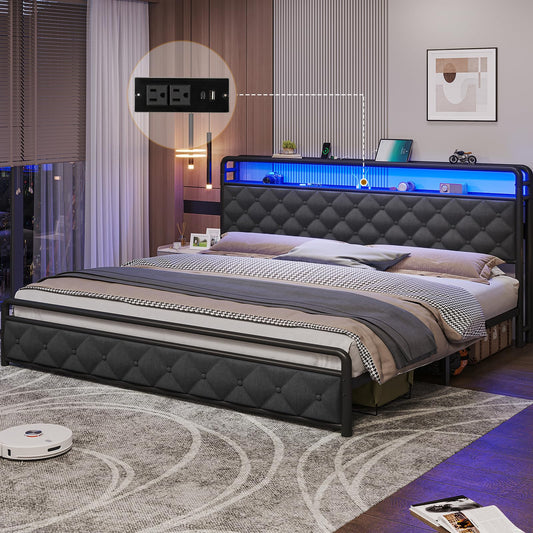 HAUOMS King Bed Frame with Smart LED Lights, 2-Tier Storage Headboard & USB Charging Ports, Dark Grey & Black - WoodArtSupply