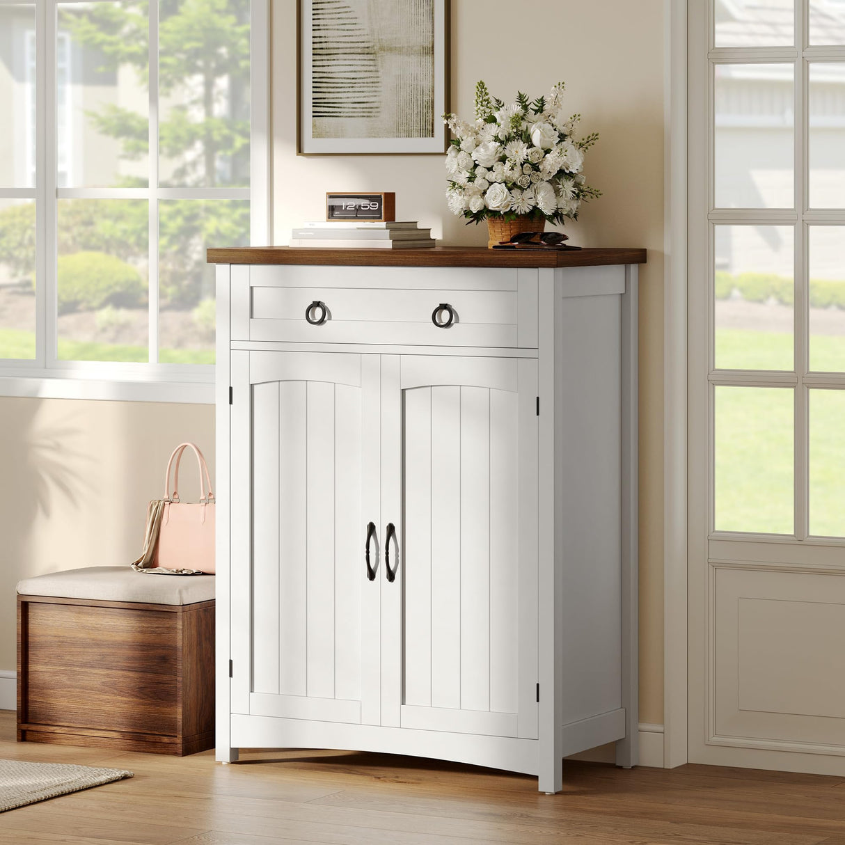 DWVO 5-Tier Shoe Storage Cabinet, Farmhouse Shoes Rack Cabinet with Adjustable Shelf, 43" Tall Shoe Organizer with Drawer & Doors for Entryway Hallway Living Room Closet (White) DWVO