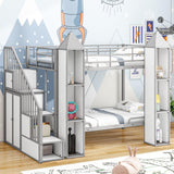 Harper & Bright Designs Twin Over Twin Metal Bunk Bed with Stairs and Storage Wardrobe, Castle-Shaped Bunk Bed Heavy-Duty Steel Frame, Noise Free,for Kids Teens Adults, Gray+White Harper & Bright Designs
