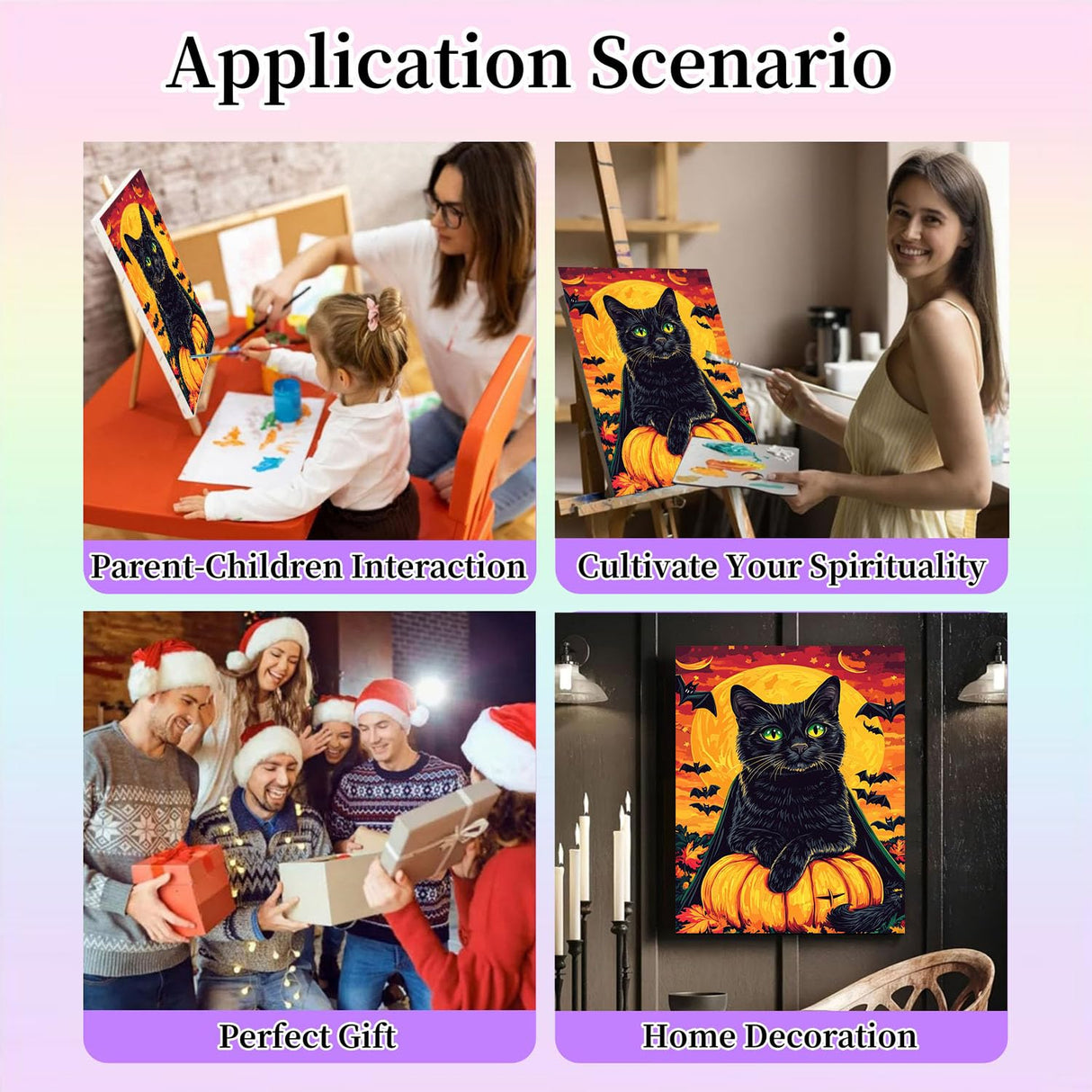 Gemozaic Halloween Paint by Numbers Kit for Adults Beginner- Black Cat Adult Paint by Number Kits on Canvas, Halloween Acrylic Oil Painting by Numbers Kits for Home Wall Decor 16X20 Inch Gemozaic