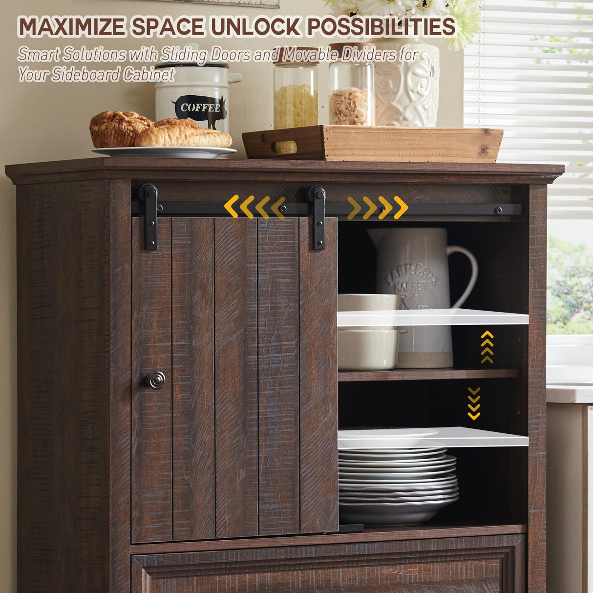 IFGET Farmhouse Buffet Cabinet with Storage, 47" Tall Storage Cabinet w/Sliding Barn Door, Rustic Sideboard Cabinet w/5 Drawers, Kitchen Pantry Storage Cabinet for Dinning Room, Hallway (Brown) IFGET