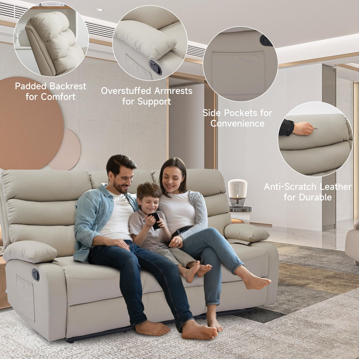 GNMLP2020 Loveseat Recliner Sofa Set, Small Leather Couch 3-Seater Manual Seater Reclining, Triple Recliner Chair for Living Room, RV, Home Theater Seating(Beige, 3 Seater Sofa) GNMLP2020