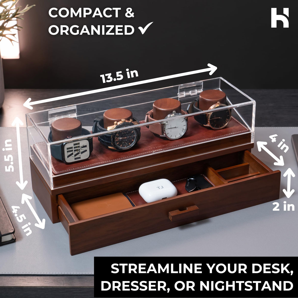 Holme & Hadfield Premium 4-Slot Wooden Watch Display Case – Handcrafted Men’s Watch Box with Accessory Drawer, Hinged Cover, Leather Lining – Father's Day Gift for Collectors – Luxury Built to Last Holme & Hadfield