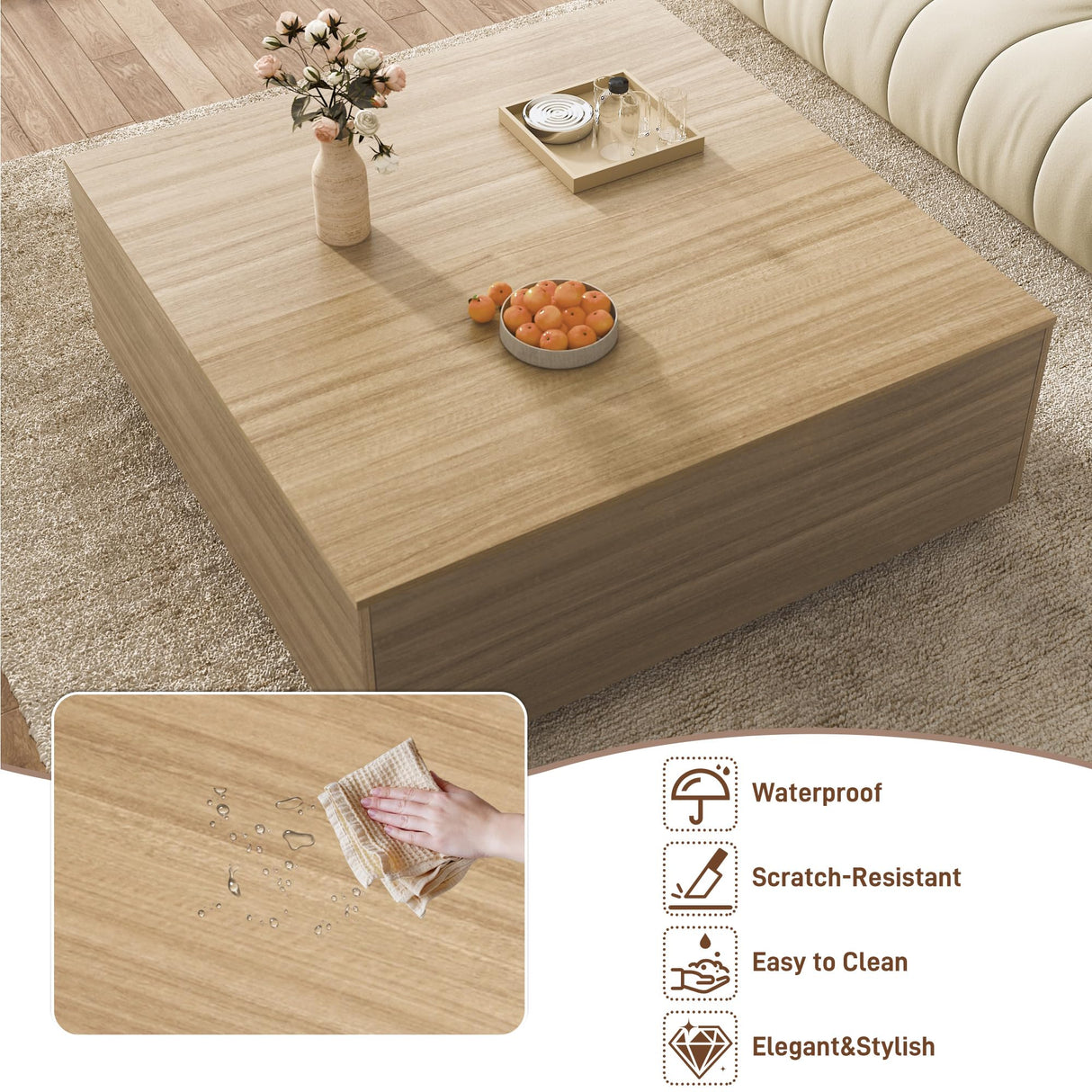 43 Inch Large Square Coffee Table with Storage,Modern Wooden Coffee Table with 2 Drawers Storage for Living Room,Mid Century Tea Table/Aesthetic Coffee Tables Center Table for Home Office(Oak) jiteentarou