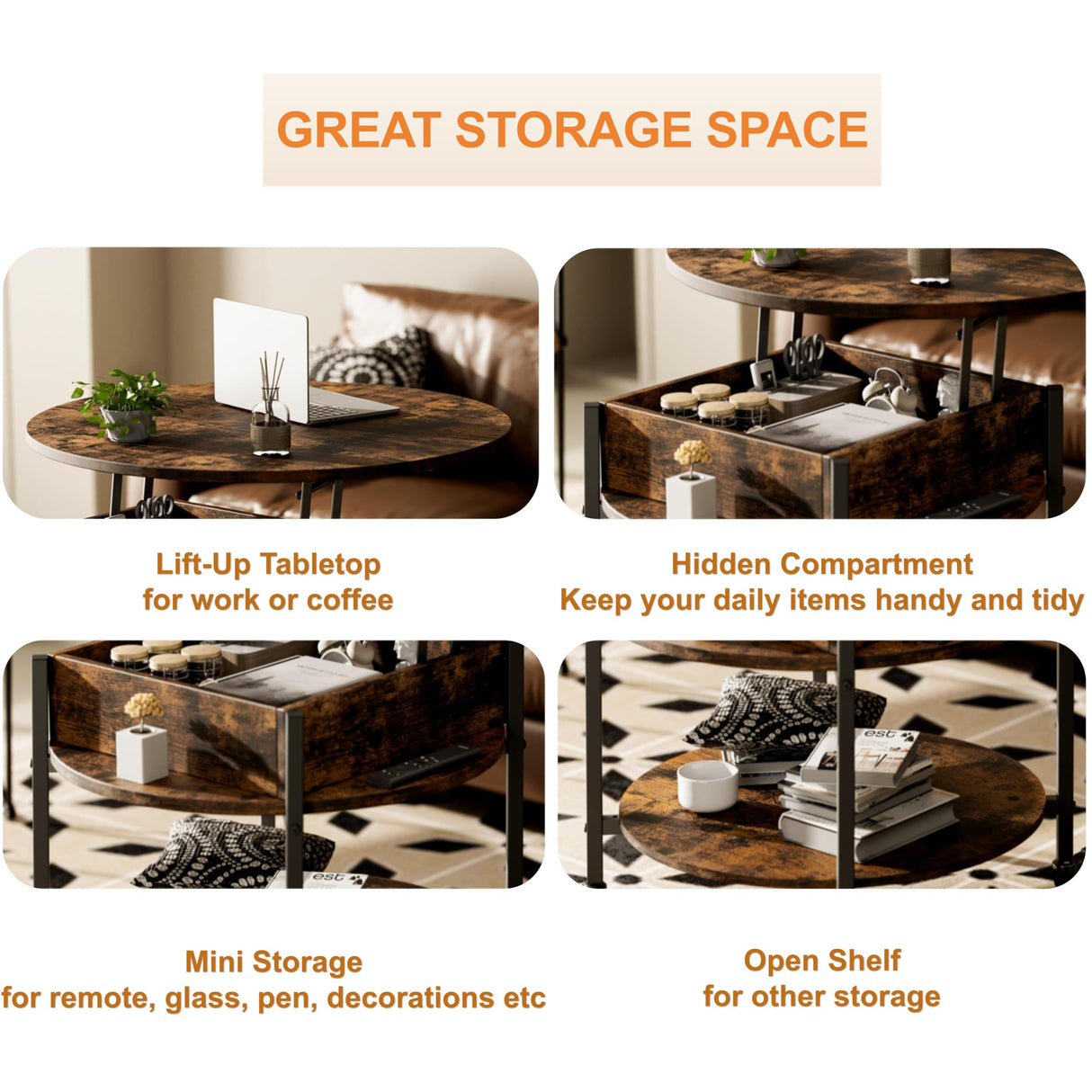 Ablefurn 26.77” Round Lift Top Coffee Table with Hidden Compartment and Adjustable Foot Pad,Rustic Central Table Dining Table with Lift Tabletop and Open Shelf for Home Living Room, Office, Brown Ablefurn