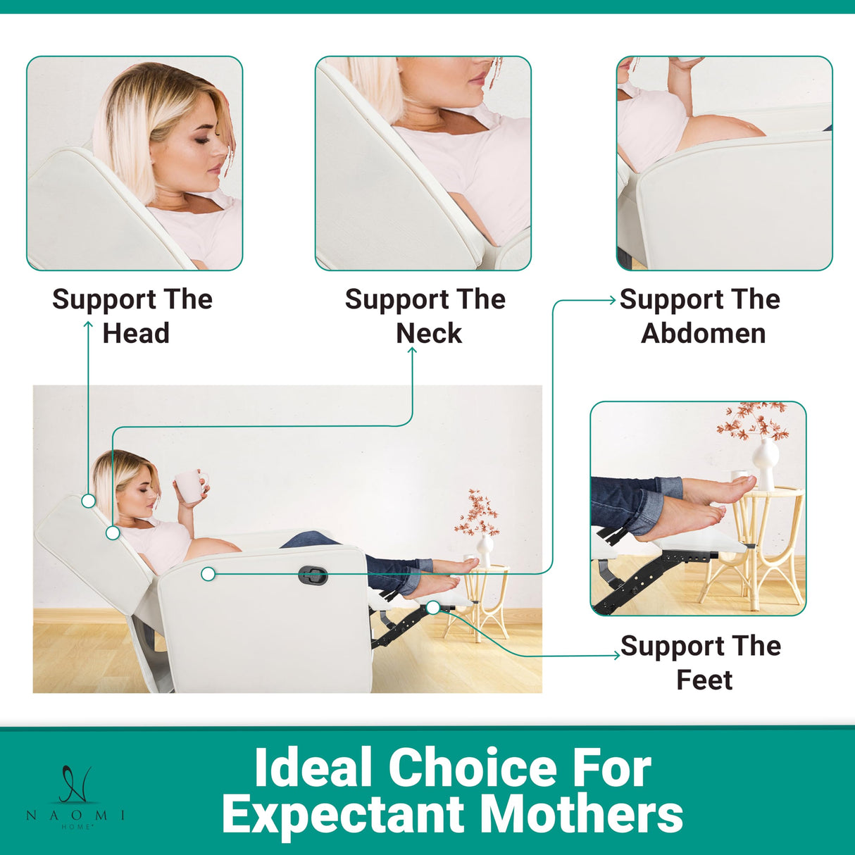 Naomi Home Odelia Swivel Rocker Recliner Glider, Bright White - Ergonomic Nursing Chair with Footrest for Soothing Comfort in Compact Spaces Naomi Home