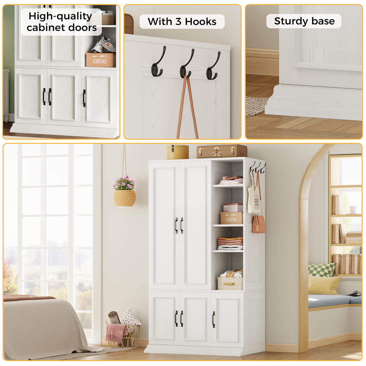 LIKIMIO Armoire Wardrobe Closet 70" H, 5 Doors Bedroom Wooden Wardrobe with 4 Storage Shelves and Hanging Rod, Clothing Storage Cabinet Organizer Combination, White LIKIMIO