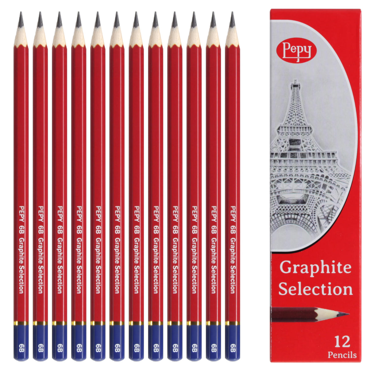 Pepy Graphite Professional Drawing Pencils - Set of 12 6B Pre-Sharpened Black Lead Pencils; Perfect for Drawing, Sketching and Shading, Graphic and Fine Art Pepy