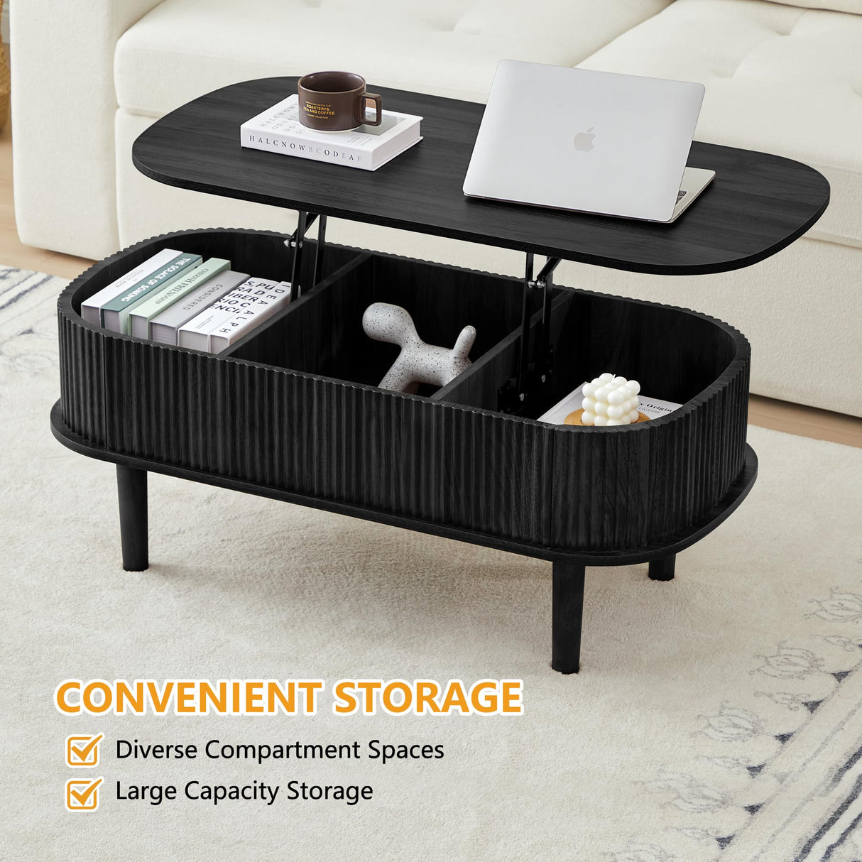 Fluted Lift Top Coffee Table with Hidden Compartment, Fully Assembled Wooden Center Table, Modern Oval Lift Tabletop for Home Living Room Office, Black ORRD
