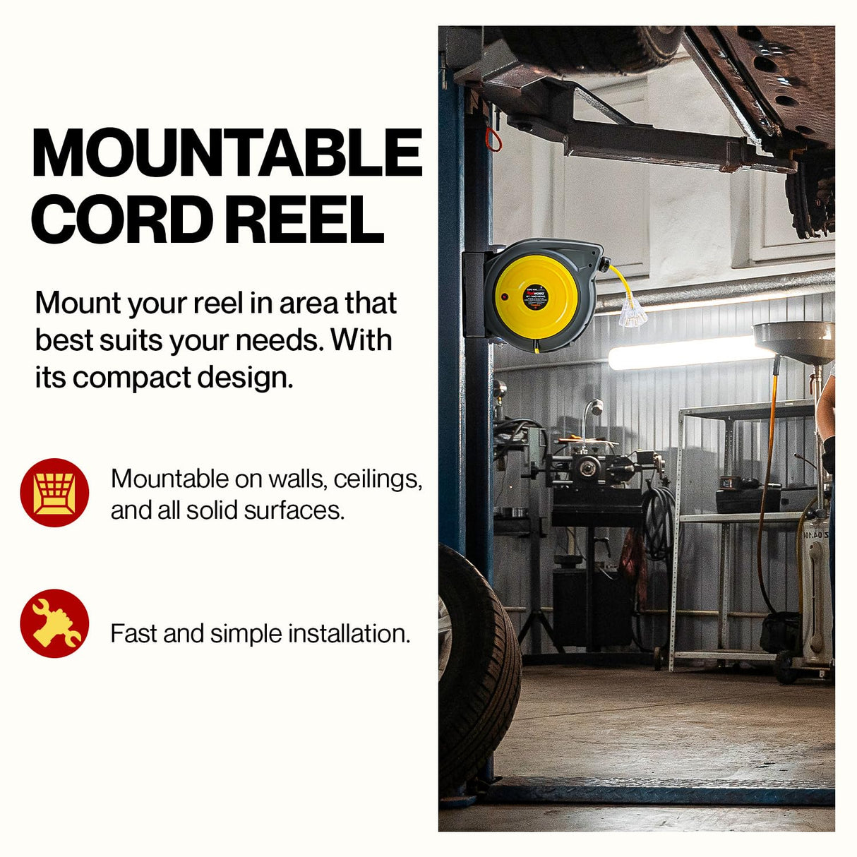 ReelWorks Extension Cord Reel Retractable 12AWG x 50' Foot 3C/SJTOW Glow Strip Cable and Lightup Triple Tap Connector Advanced Slow Retraction Technology (SRT) ReelWorks