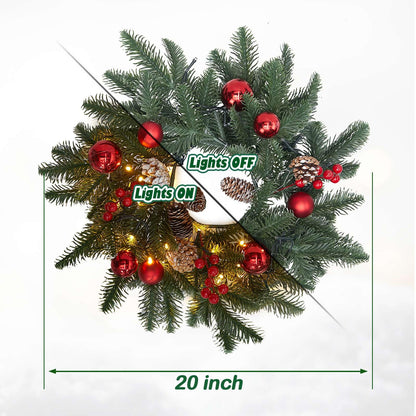 20 Inch Christmas Wreath with 50 Lights Timer (Battery Not Included) Small Christmas Wreaths for Front Door with Pine Cones Berries Red Balls Christmas Door Wreath Indoor Outdoor Wall Decoration