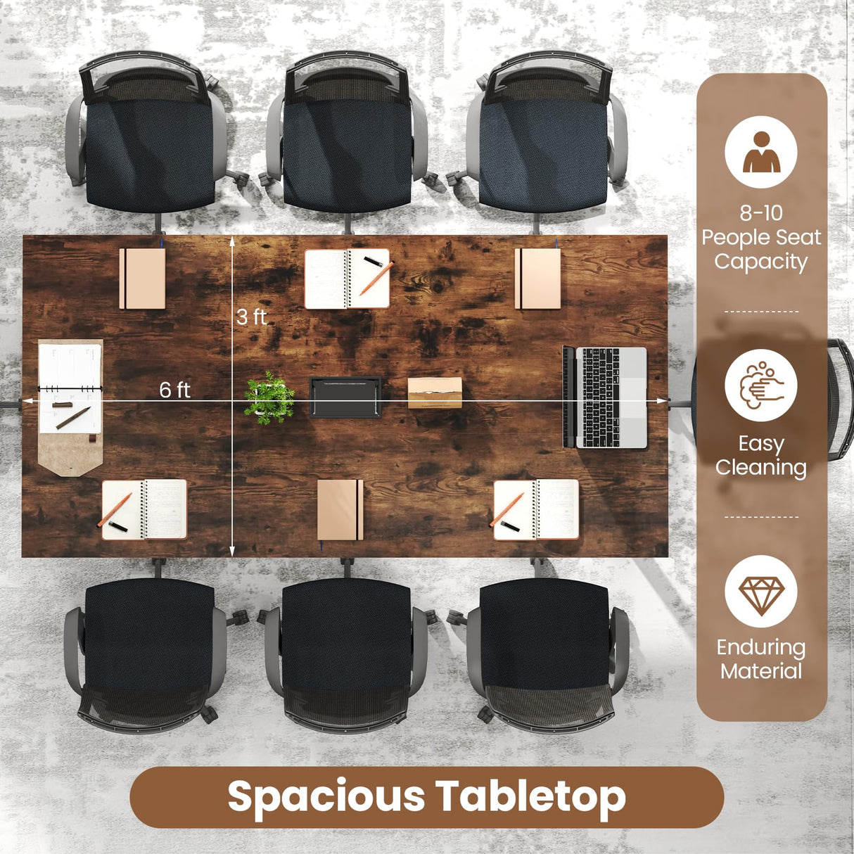 Giantex 6 FT Conference Table for 8-10 People, Modern 71" L x 35.5" W Large Meeting Table with Metal Frames, Rectangle Conference Room Table with Cable Grommet for Office, Boardroom, Rustic Brown Giantex