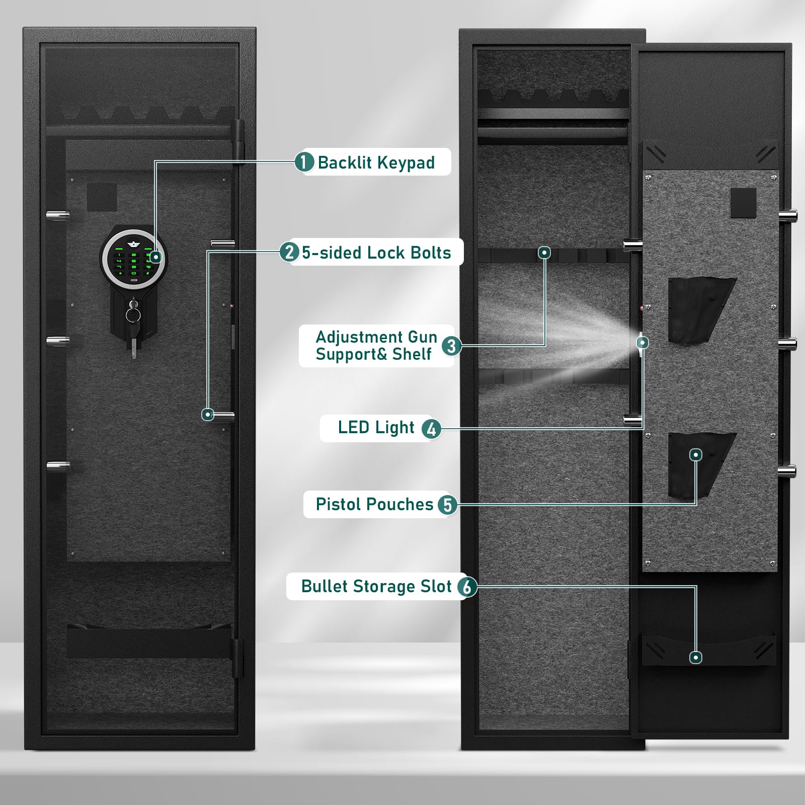 5-6 Rifle Gun Safe, Large Gun Cabinet for Home Rifles and Shotguns, Quick Access Gun Safe with LED Light and Removable Shelf - WoodArtSupply