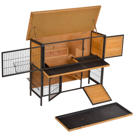 PawHut 48" 2-Story Large Rabbit Hutch Bunny Cage Wooden Pet House Metal Frame with Individual Room, Ramp, No Leak Tray, Feeding Trough, Waterproof Asphalt Roof for Outdoor/Indoor PawHut