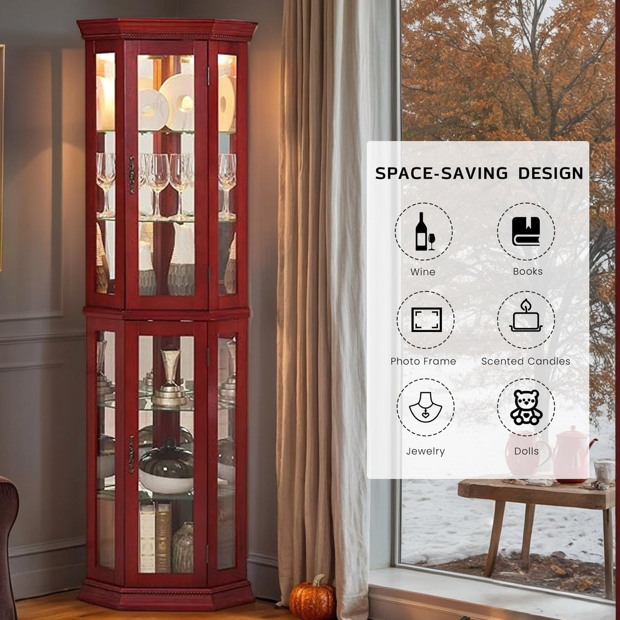 Eyisean Lighted Corner Curio Cabinet 70" Glass Display Cage with 6 Tempered Adjustable Shelves, Freestanding Home Bar Cabinet with Door, Rack for Liquor Storage and Living Room (Cherry) Eyisean