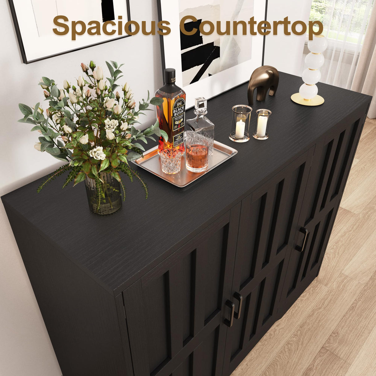 Modern Farmhouse Buffet Cabinet with Storage, 42" Large Sideboard Storage Cabinet with 3 Barn Doors, Coffee Wine Bar Cabinet Wood Table Credenza with Adjustable Shelf for Kitchen Dining Living Room Vividwood