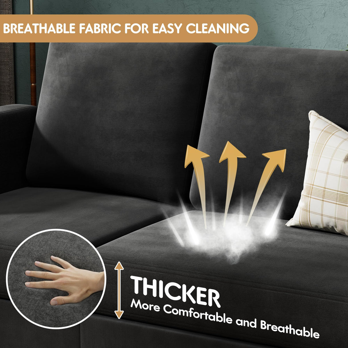 VICTONE Sectional Sofa Couch, 3 seat L-Shaped Small Sofa with Movable Ottoman Couch for Small Apartments, Living Rooms and Offices (Linen Fabric, Deep Grey) VICTONE