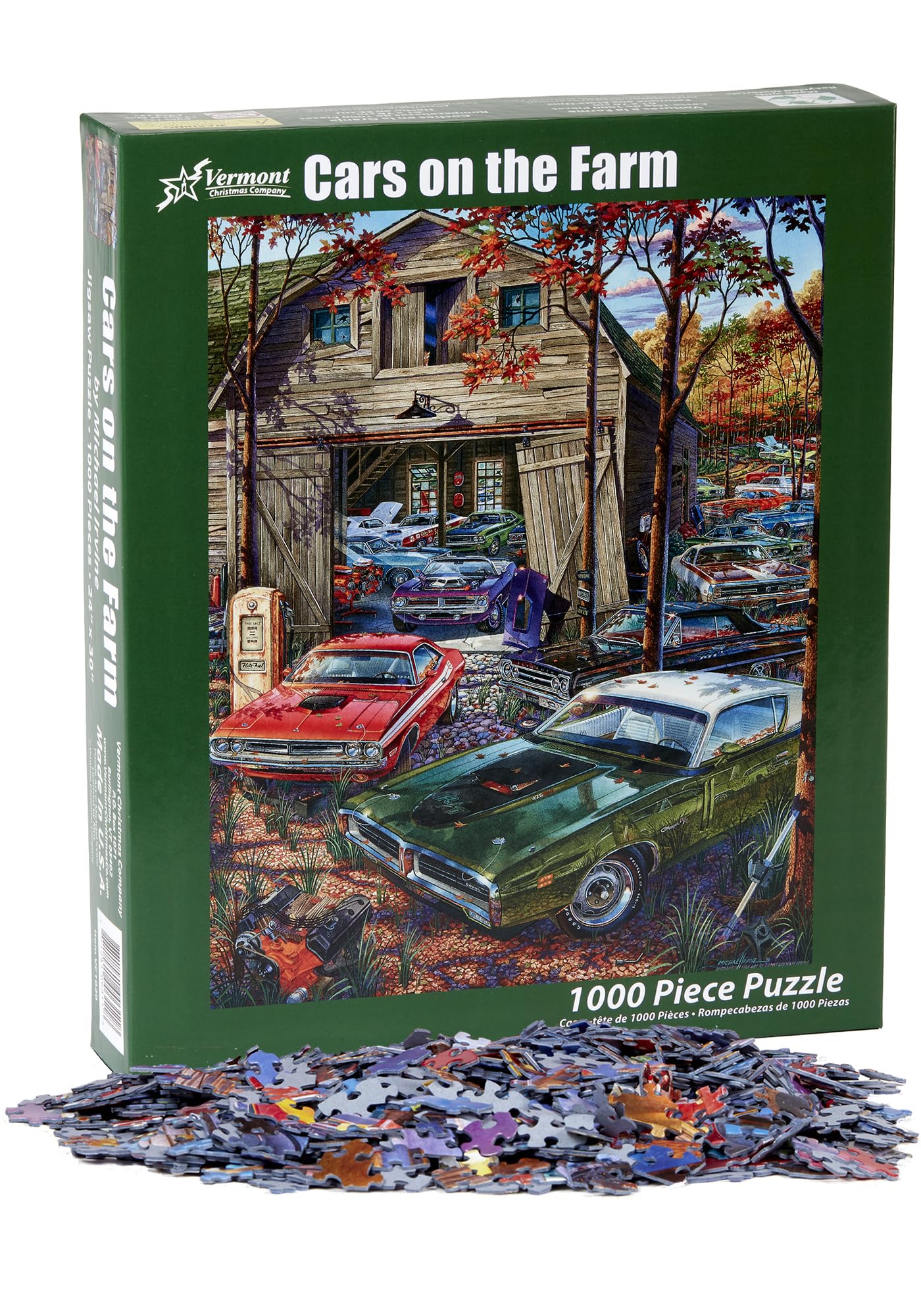 Vermont Christmas Company Cars on The Farm Jigsaw Puzzle - 1000 Piece Puzzle for Adults - Large Pieces, Fully Interlocking & Randomly Shaped Pieces - Jigsaw Puzzles for Adults 1000 Pieces (30" x 24")