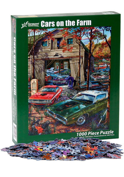 Vermont Christmas Company Cars on The Farm Jigsaw Puzzle - 1000 Piece Puzzle for Adults - Large Pieces, Fully Interlocking & Randomly Shaped Pieces - Jigsaw Puzzles for Adults 1000 Pieces (30" x 24")