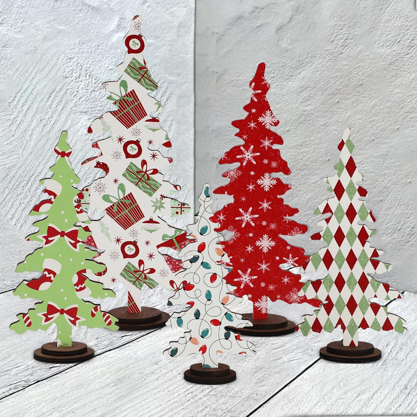 DAZONGE Christmas Decorations - 5PCS Wooden Christmas Tree Tabletop Decor Sign - Rustic Decorative Freestanding Christmas Tree Centerpiece for Home Shelf Mantel