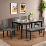 Trygoal Dining Table Set for 5, Modern 6 Piece Dining Room Table Set with Rectangular Table 4 Upholstered Backrest Chairs and a Bench, Counter Height Kitchen Sets with Wood Grain Surface, Black Trygoal