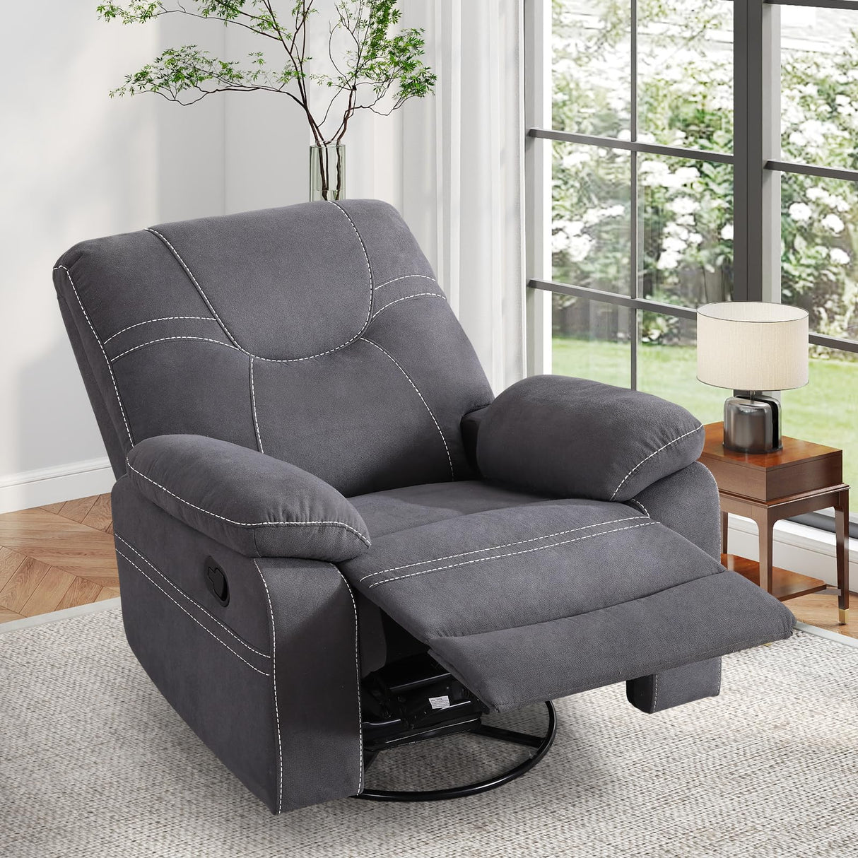 ANJ Oversized Swivel Rocker Recliner Chair for Adults, Manual Rocking Recliner Glider Recliner Nursery Chair Clearance with Decorative Stitching Soft Fabric Thick Cushion for Living Room Bedroom ANJ