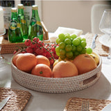 13.8 inch Round Rattan Tray, Decorative Coffee Table Tray, Ottoman Tray, Woven Serving Tray with Handles, Wicker Serving Basket, Whitewash YANGQIHOME