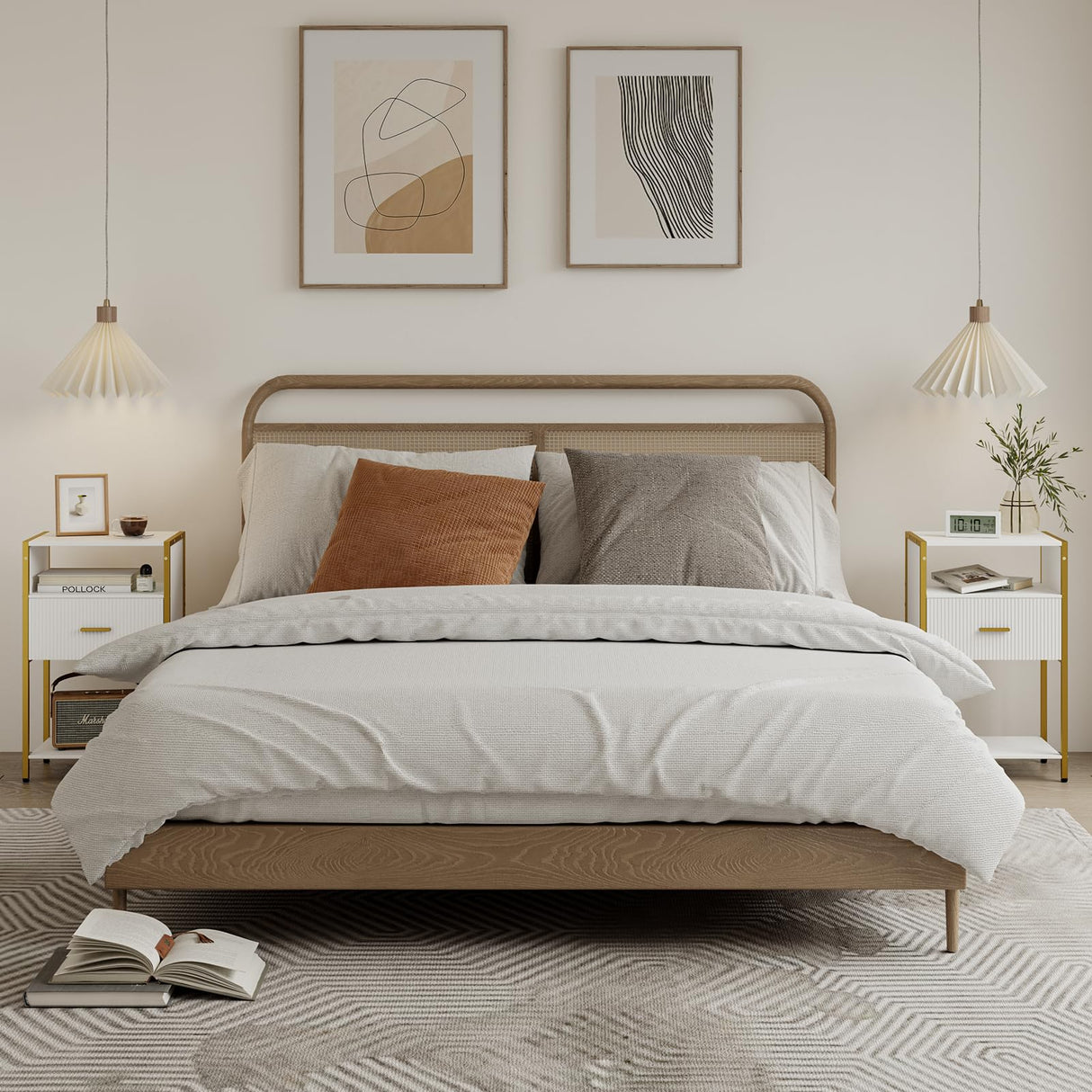 JOONEE Modern Nightstand, White and Gold Side Table with Drawer, Fluted Bedside Table with 3 Storage Shelves for Living Room, Bedroom JOONEE