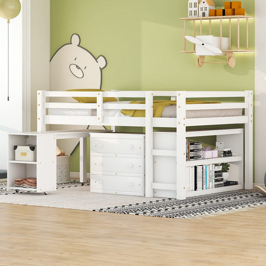 Low Full Loft Bed with Desk & Storage - Modern White Design by Bellemave - WoodArtSupply