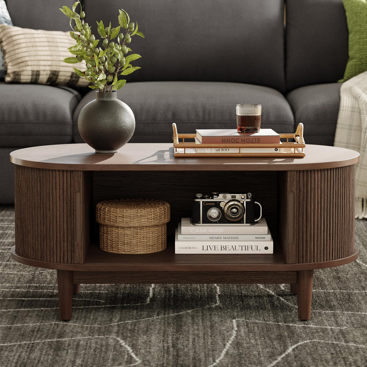 LINSY HOME Oval Coffee Table, Wood Coffee Table with Storage, Fluted Accent Center Table with Sliding Tambour Door, 39" Mid Century Modern Coffee Tables for Living Room, Bedroom, Apartment, Walnut LINSY HOME