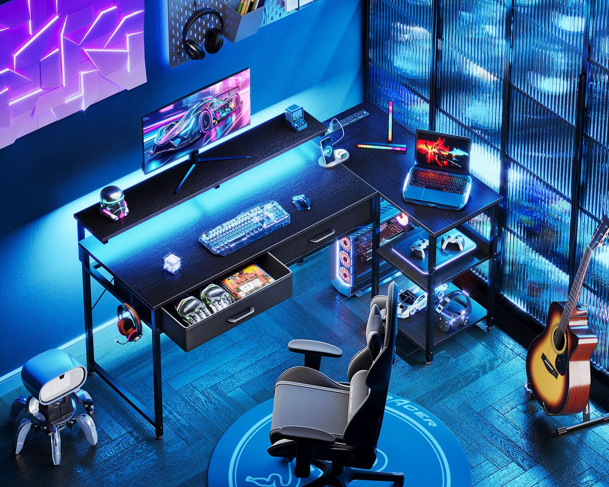 Coleshome 48 Inch L Shaped Gaming Desk with 2 Drawers & Storage Shelves, Computer Desk with USB Ports, Study Writing Table for Bedroom, Simple Modern Laptop Desk for Home Office, Black Coleshome