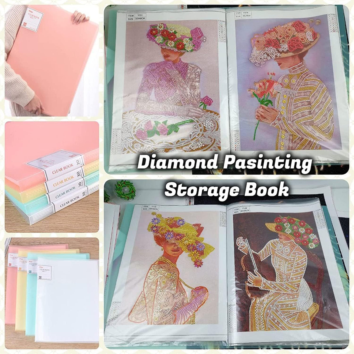 2 Packs A3 Storage Book for Diamond Art Portfolio Folder for Diamond Painting Accessories with 60 Pocket Slevees Protectors (2PCS-Green and White) ESEHGS