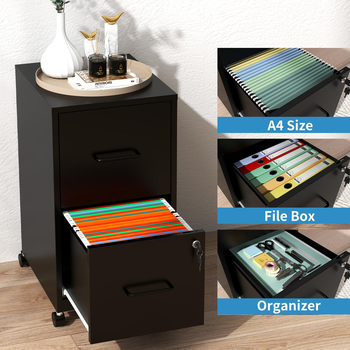 FLIXELIO 2 Drawer File Cabinet with Lock,Small Rolling Metal Office Storage Mobile Filing Cabinet Under Desk,Vertical Locking File Cabinets with Wheels for Home Office,Legal Required Assembly,Black FLIXELIO
