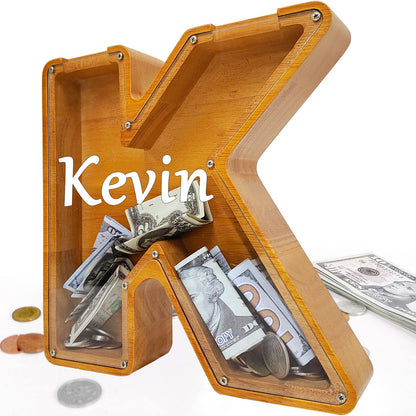 Custom Piggy Bank with Laser Engraved Name, Creative Alphabet Letter Storage Bank, Personalized Wooden Toy with DIY Letter for Kids, Money Bank (K) - WoodArtSupply