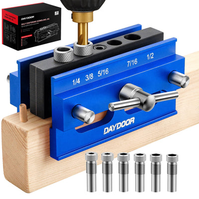 DAYDOOR Self Centering Doweling Jig, Adjustable Width Dowel Jig for Straight Holes, Biscuit Joiner Set with 6 Bushings and 3 Drill Bits(Blue)