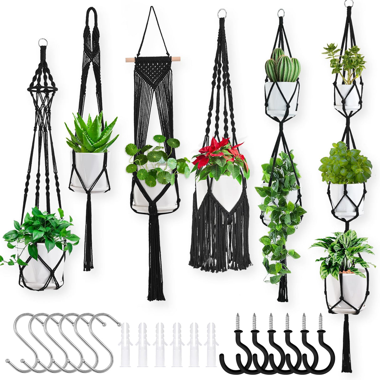 Macrame Plant Hangers, 6Pack Hanging Plant Holders Indoor w/ 6 Set Hooks Handmade Cotton Rope Plant Hangers Set Flower Pots Holder Stand Boho Home Decor Hanging Planters for Indoor Outdoor Plants TAOZIM
