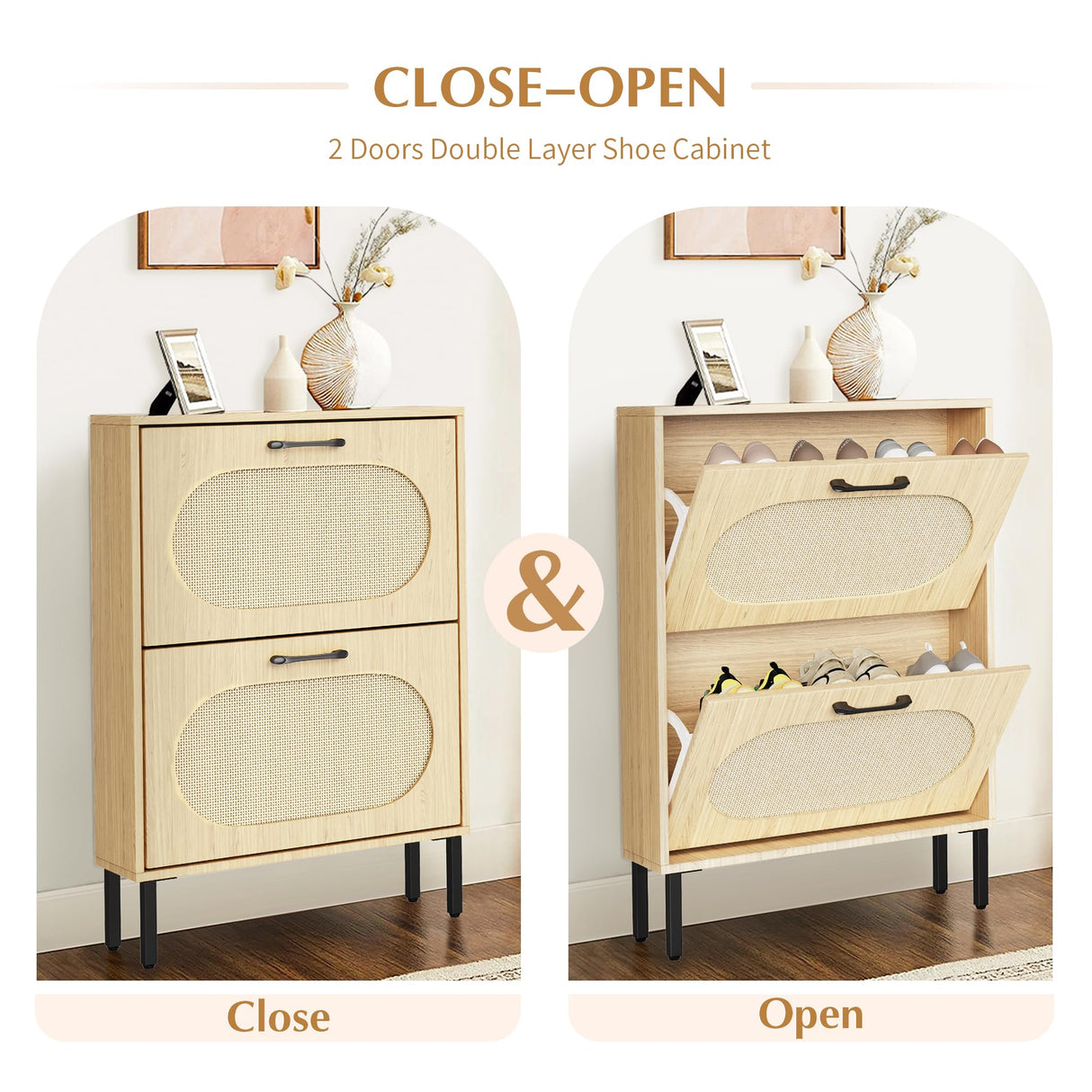 Crownland Shoe Cabinet, Shoe Storage Cabinet with 2 Flip-Out Drawers, Modern Two-Tier Shoe Rack Cabinet for Entryway, Hallway, Living Room(Wood) Crownland