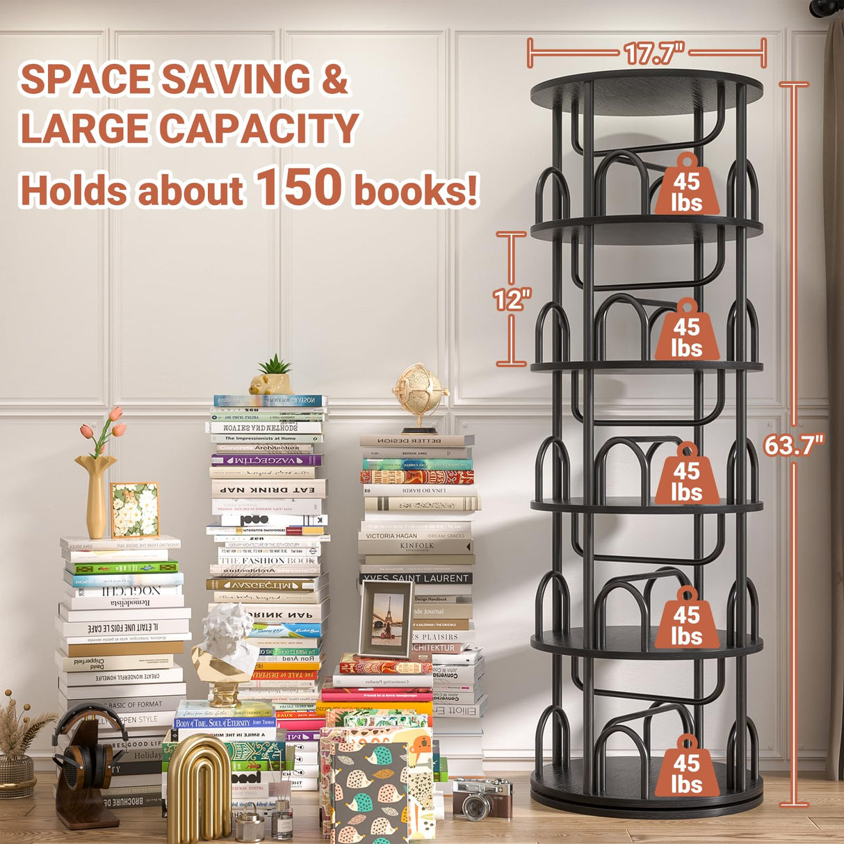 Aheaplus 5 Tier Rotating Bookshelf Tower, 360 Display Spinning Bookcase, Revolving Round Book Shelf Narrow Swivel Bookshelf, Vertical Turning Spiral Corner Book Organizer for Small Space, Black Aheaplus