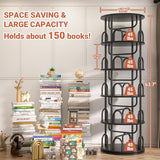 Aheaplus 5 Tier Rotating Bookshelf Tower, 360 Display Spinning Bookcase, Revolving Round Book Shelf Narrow Swivel Bookshelf, Vertical Turning Spiral Corner Book Organizer for Small Space, Black Aheaplus